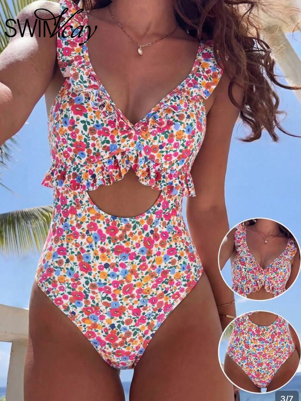 SHEIN White Floral One-Piece Floral Swimsuit with Ruffle & Cut Out Detail NWOT